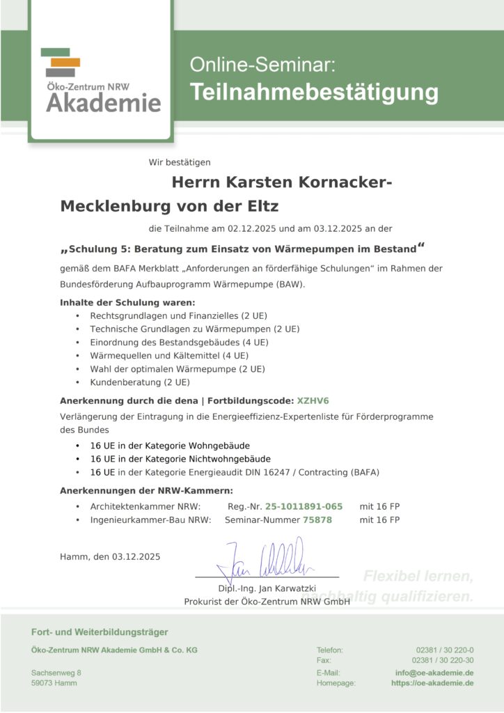 Teilnahmebescheinigung Wärmepumpen im Bestand